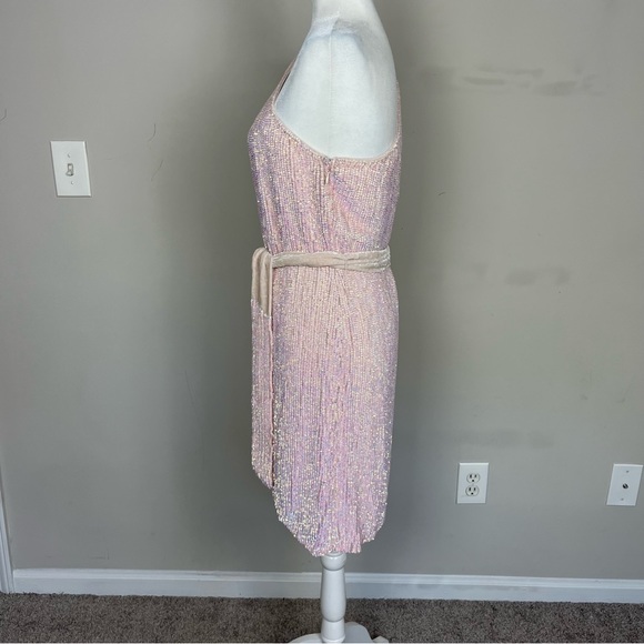 NWT RETROFETE ELLA ONE SHOULDER SEQUIN MINI DRESS IN TAFFY PINK SIZE LARGE - Picture 10 of 16